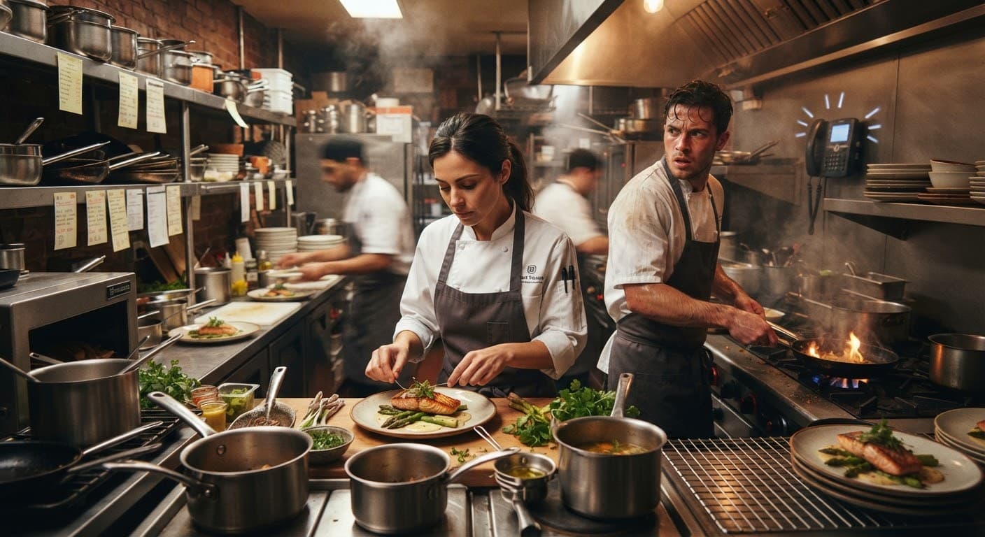 Petite équipe de restaurant pendant un service chargé